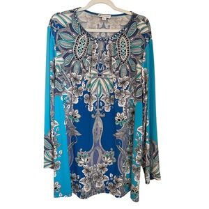 Susan Graver Liquid Knit Womens 3X Blue Floral Paisley Long Sleeve Tunic Blouse